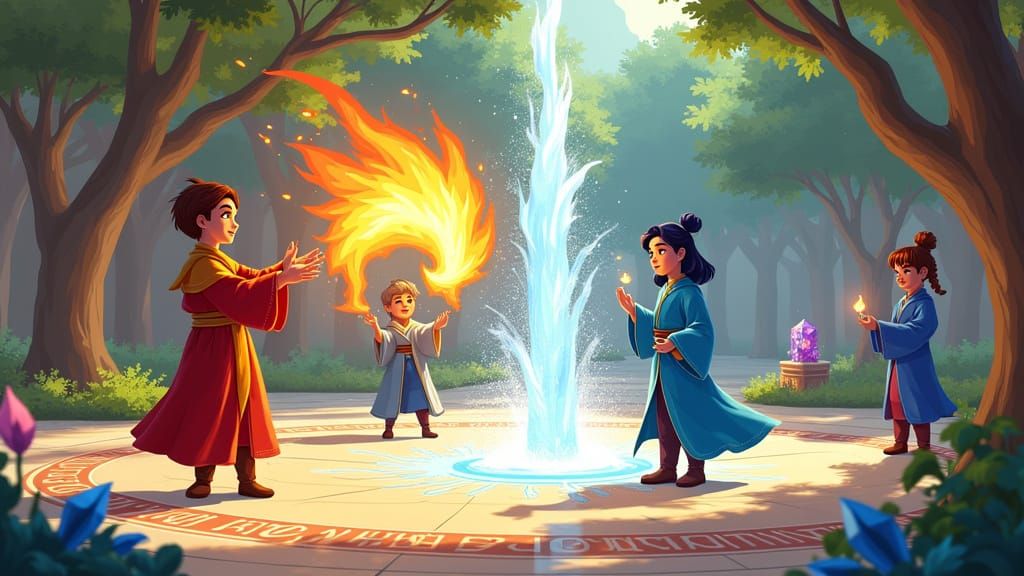 Students Practice Magic in Whimsical Academy Courtyard