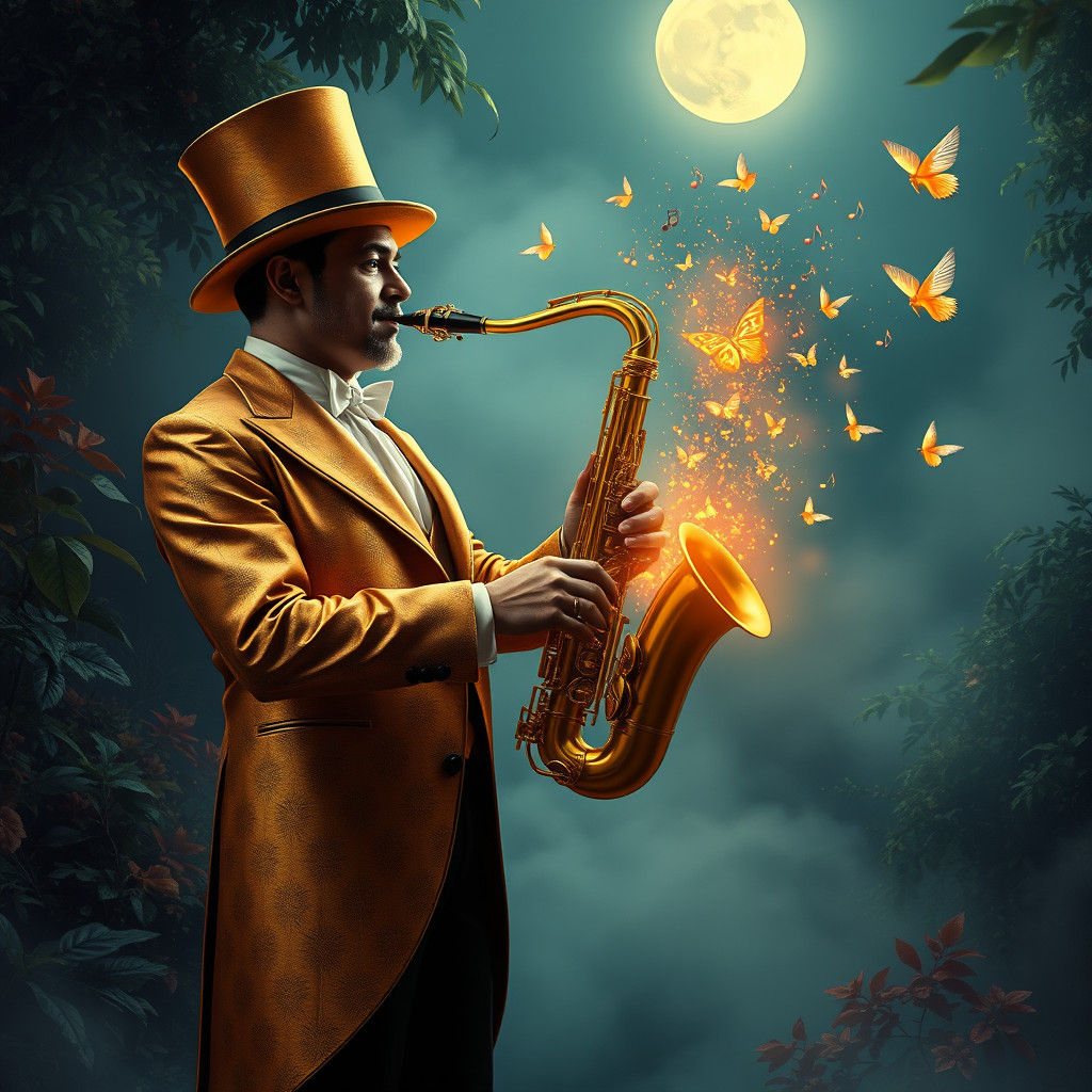 Charismatic Saxophonist Performs under Moonlit Sky with Whim...