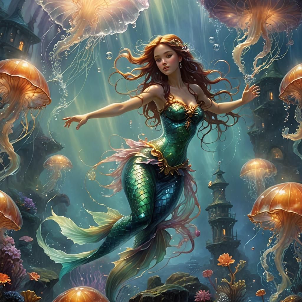 Ethereal Fantasy Mermaid Among Whimsical Jellyfish