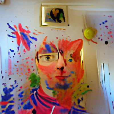 Whimsical Feline Self-Portrait in Oil on Canvas