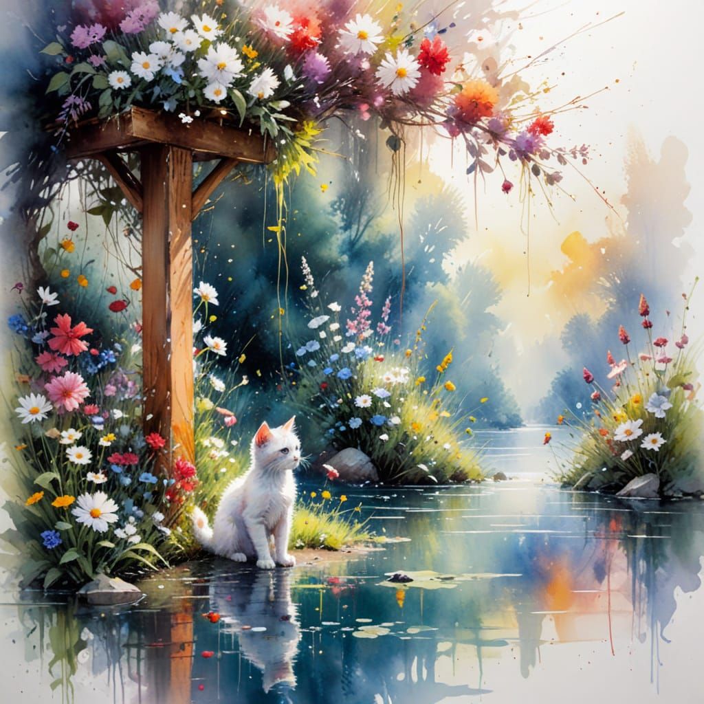 Surreal Kitten Unfurls in Whimsical Garden Wonderland