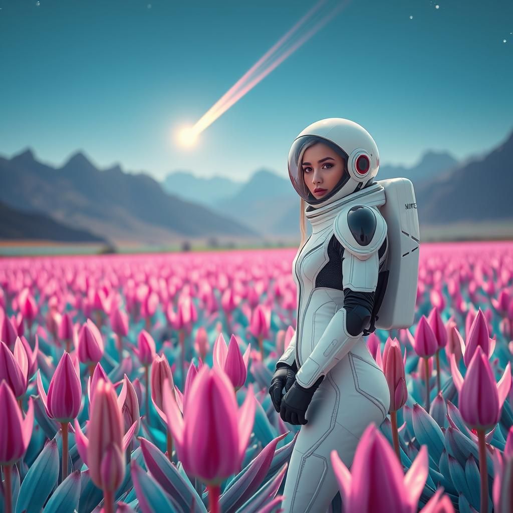 Surreal Futuristic Woman Stands Amidst Alien Bloom