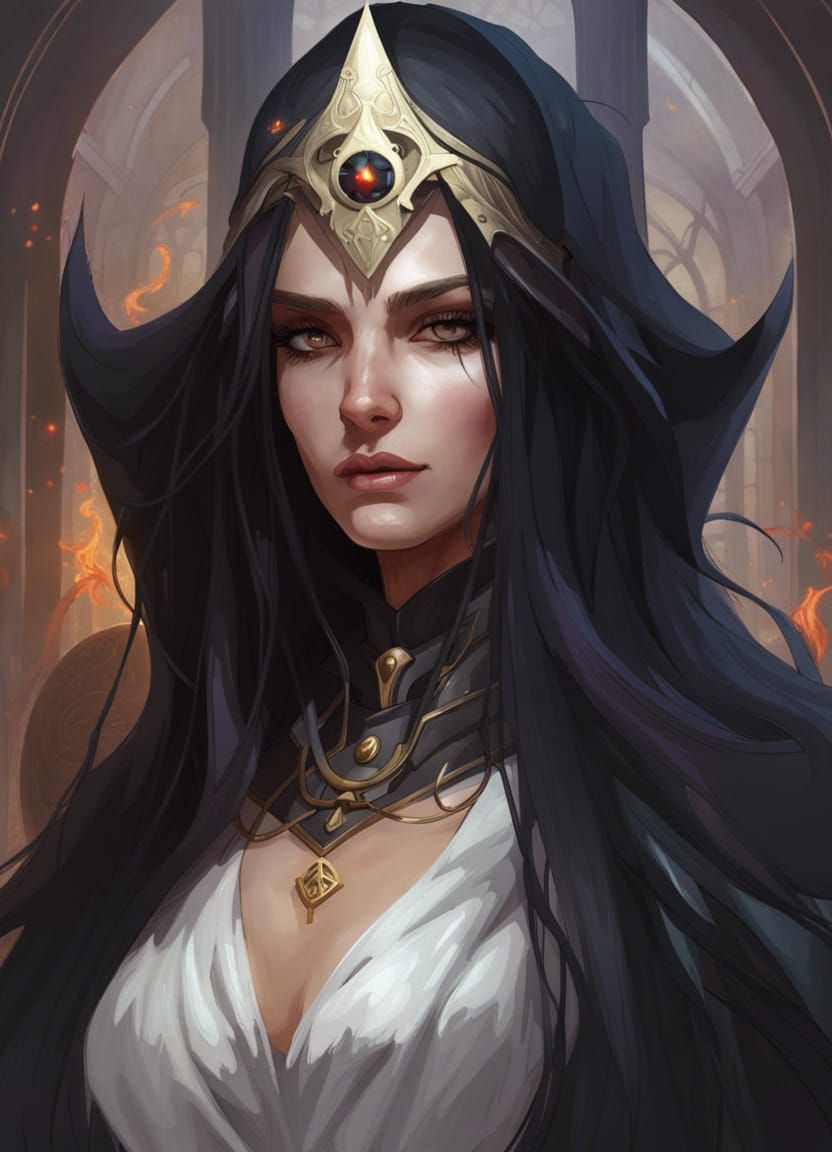 Young Holy Mage in Long Black Hair and White Holy Crown