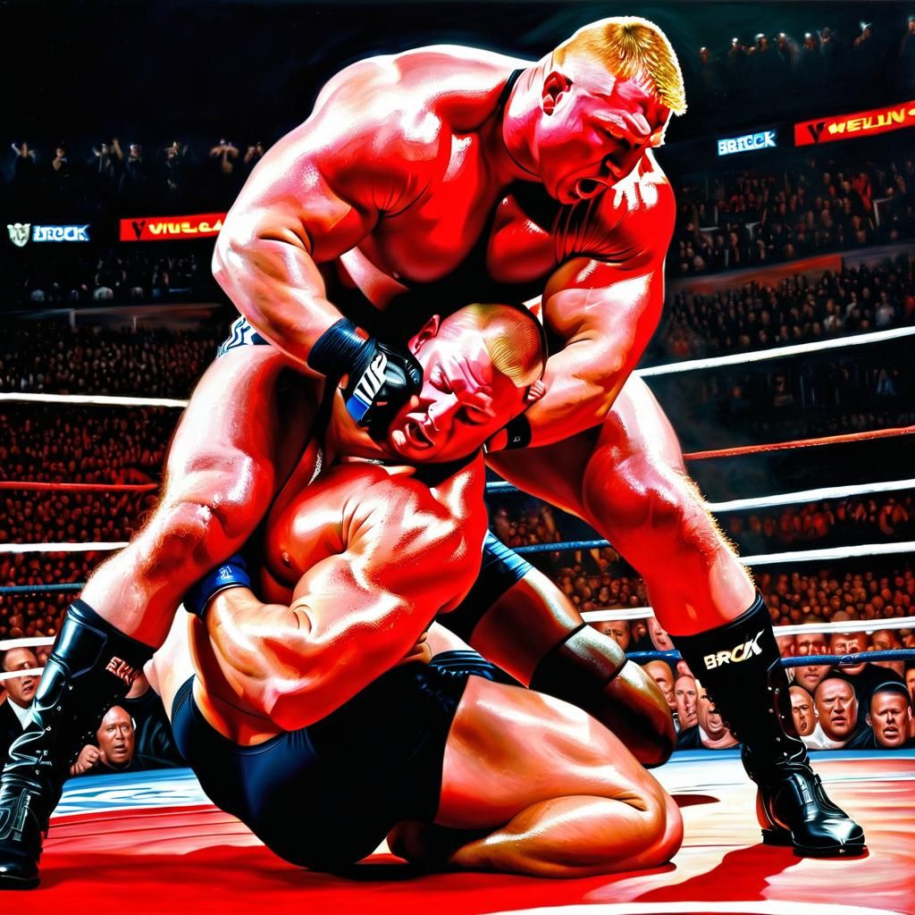 Brock Lesnar in Intense Piledriver, Hyperrealistic Oil on Ca...