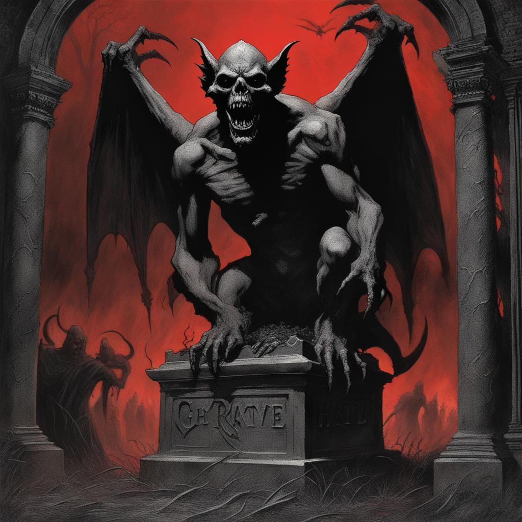 Sinister Gargoyle Spews Red Mist in Cemetery Gates of Hell