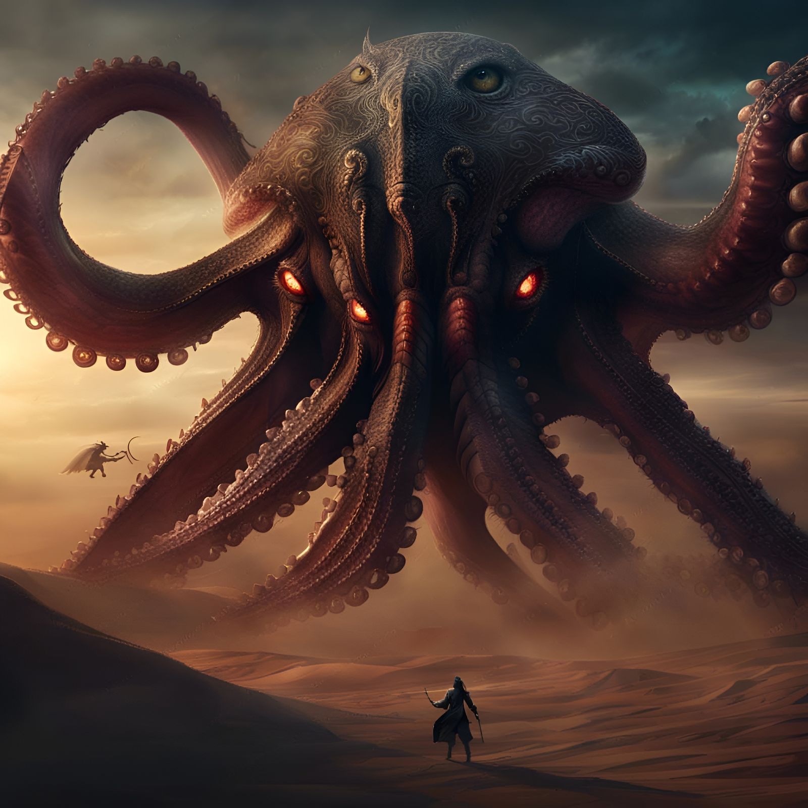 Epic Desert Battle: Warrior vs Giant Flying Octopus