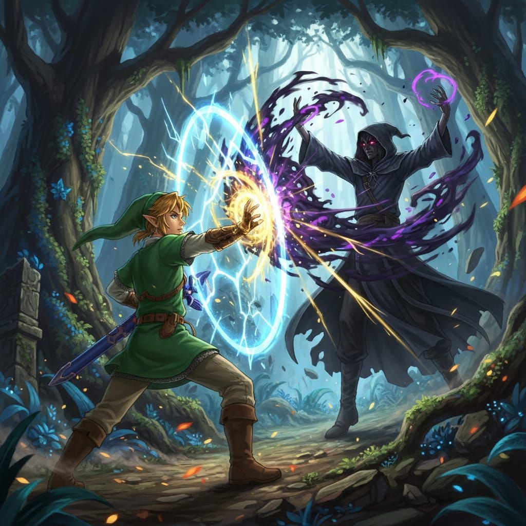 Link's Reflect Magic Duel Against Dark Wizard in Anime Style