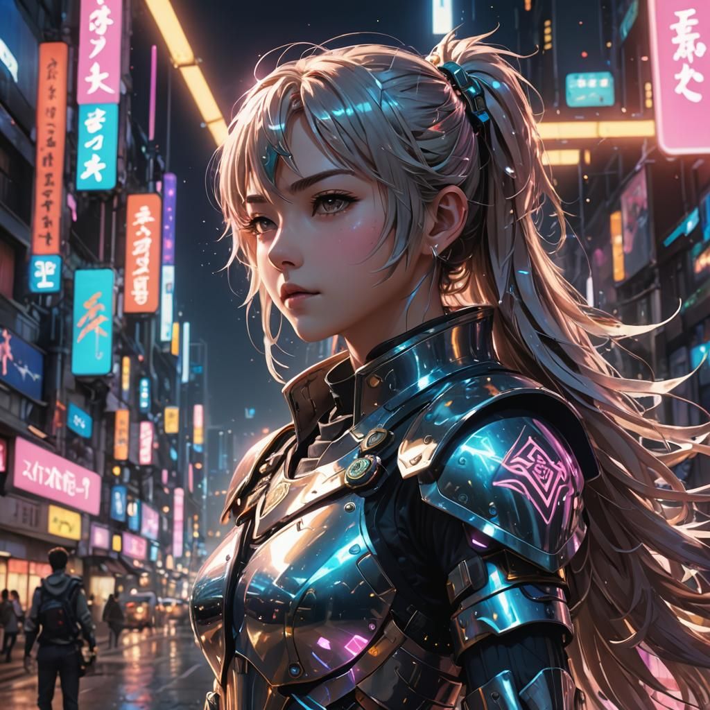 Cyberpunk Anime Paladin Woman in Shimmering Neon Lights