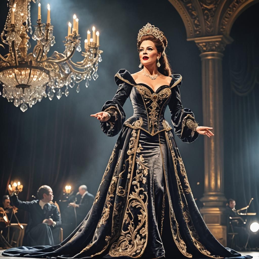 Hyperrealistic Opera Diva on Velvet Stage