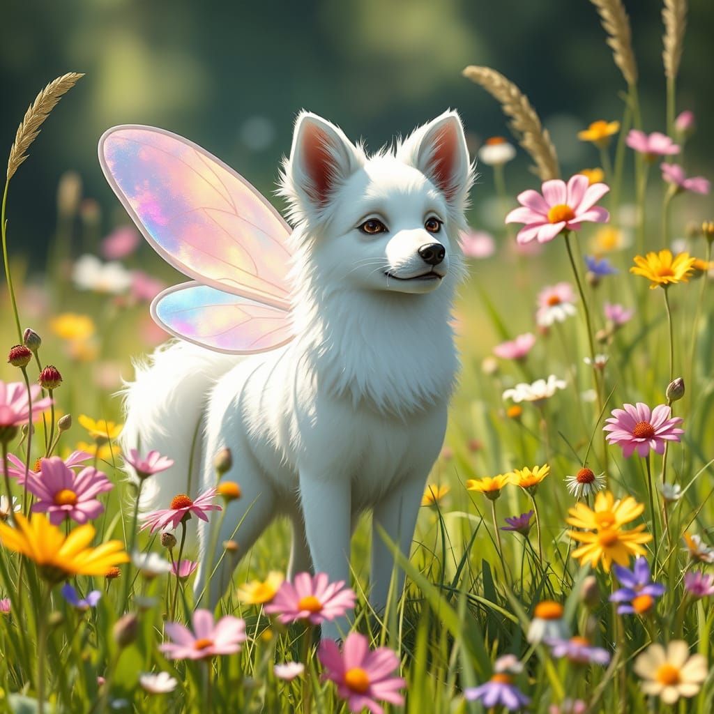 Dreamy Dog-Snowfox Hybrid with Iridescent Wings