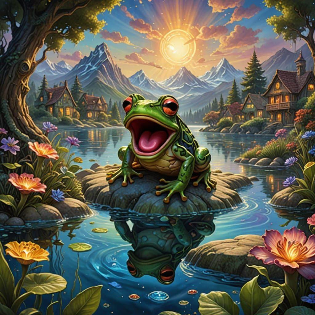 Surprised Frog in Whimsical Watercolor Seascape