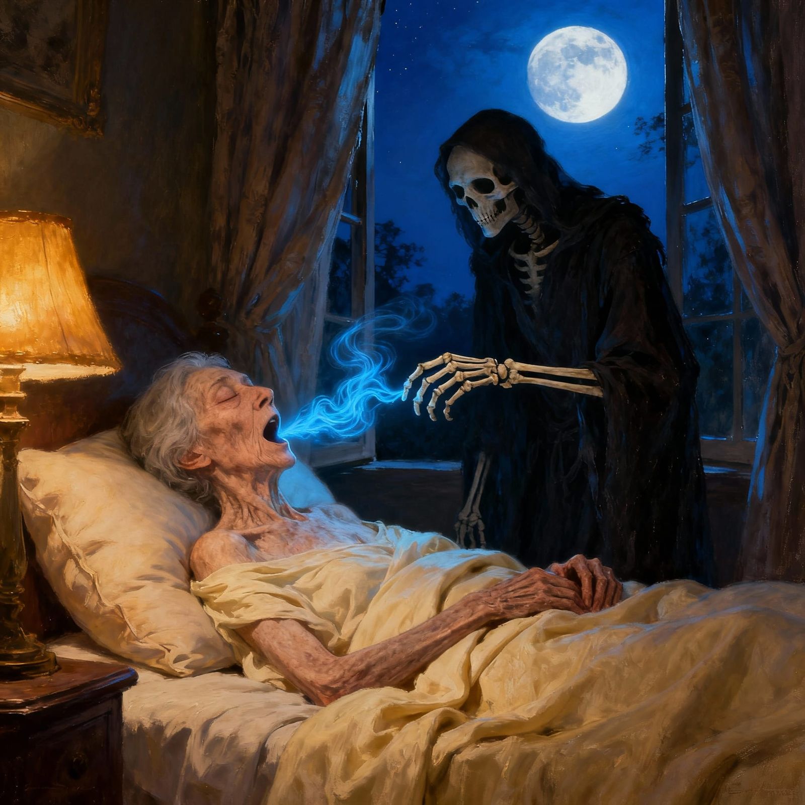 Death Reaches for Soul in Somber Bedside Scene