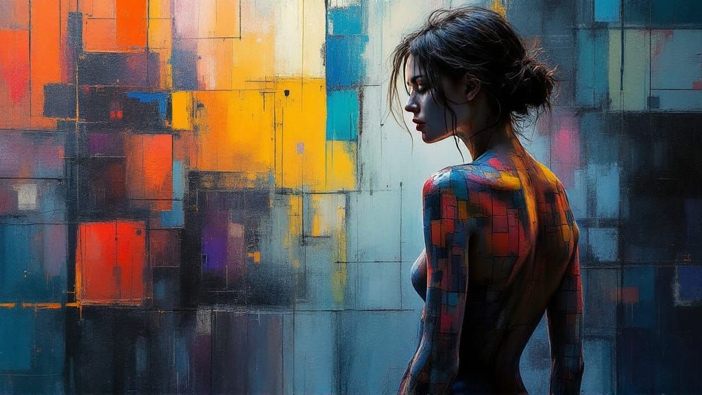 Woman Merging With Geometric Wall Art