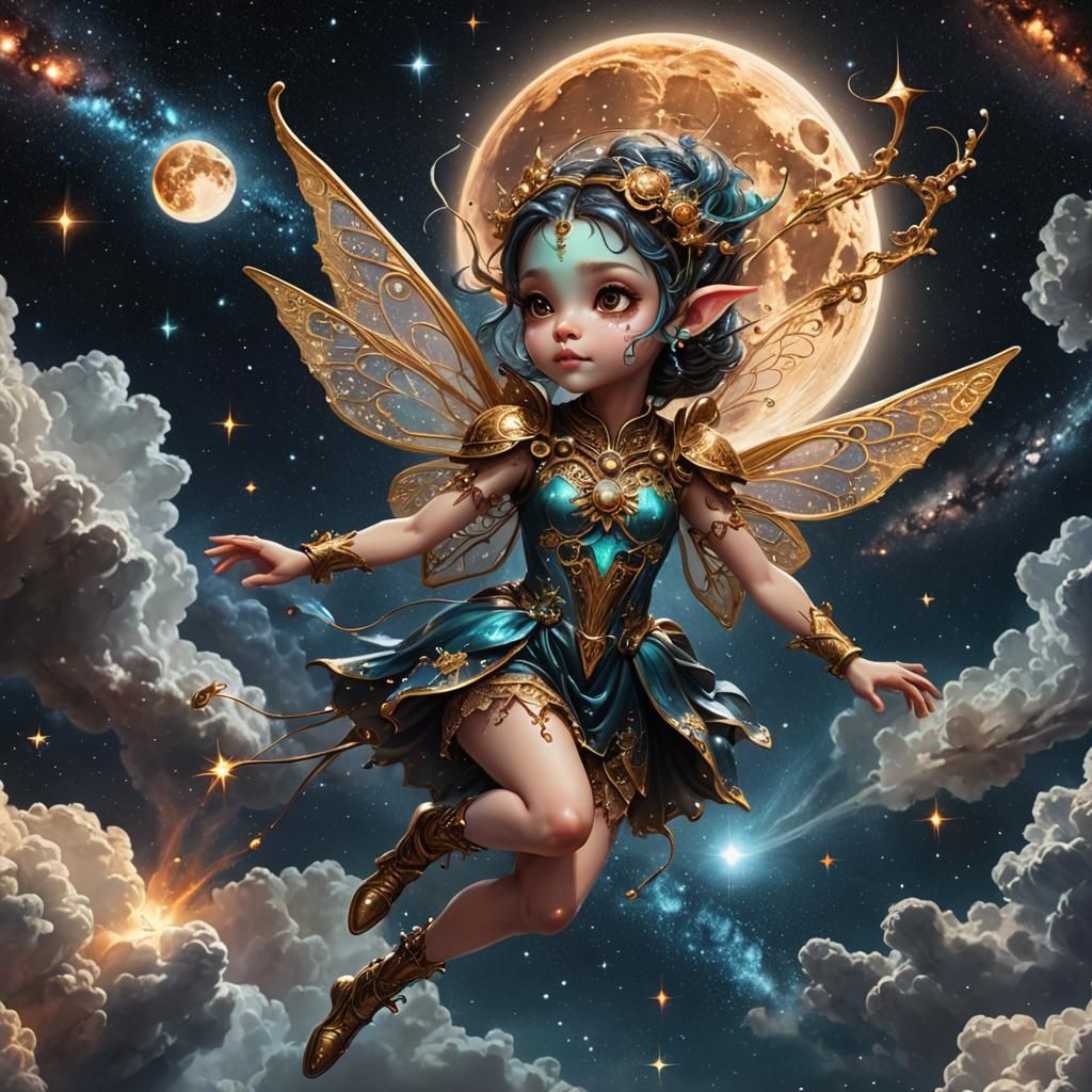 Surreal Fairy Imp Flies Along Milky Way in Space