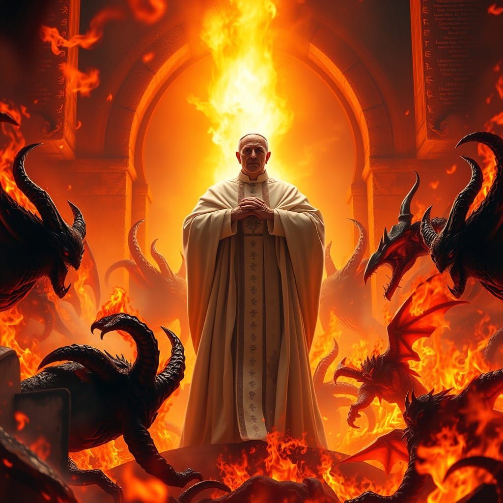 Pope-like Figure Radiates Power Amidst Hellish Chaos in Dram...