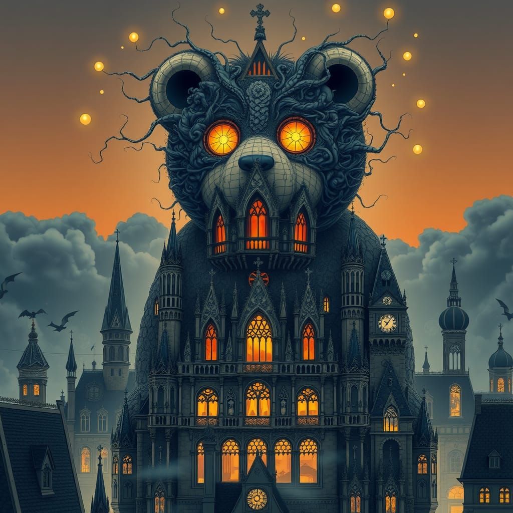 Foreboding Teddy Bear Skyscraper Dominates Mysterious Citysc...