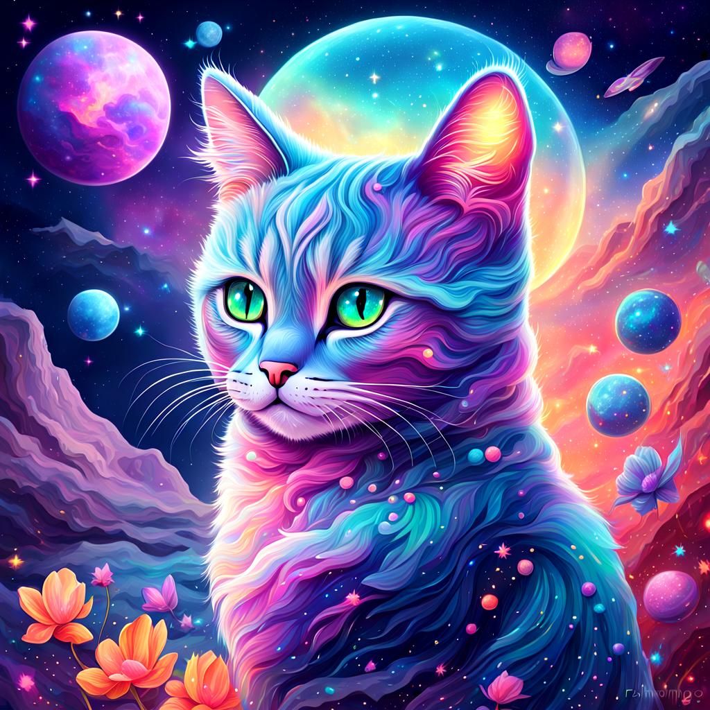 Cosmic Fantasy Cat in Holographic Style
