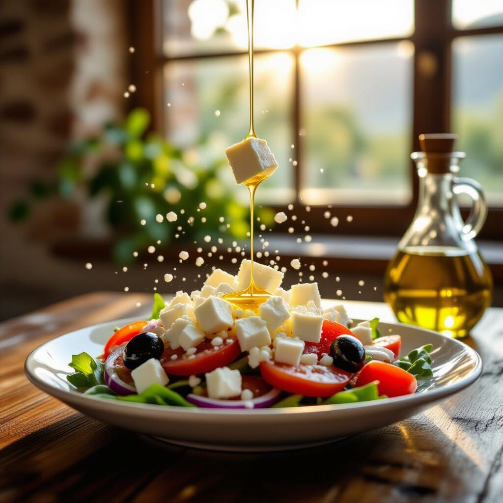 Greek Salad with Floating Feta & Olive Oil Splash