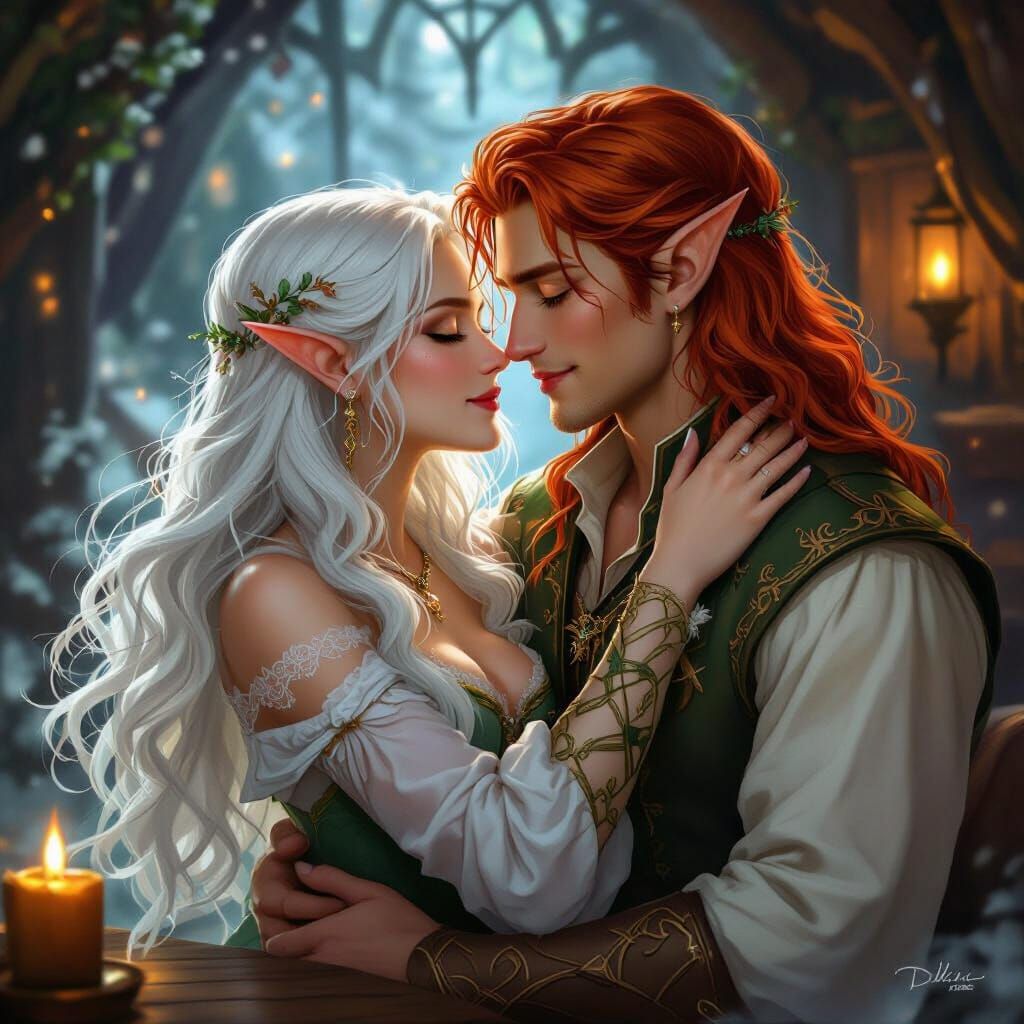 Passionate Elves Kissing in Tavern Bedroom, Fantastical Styl...