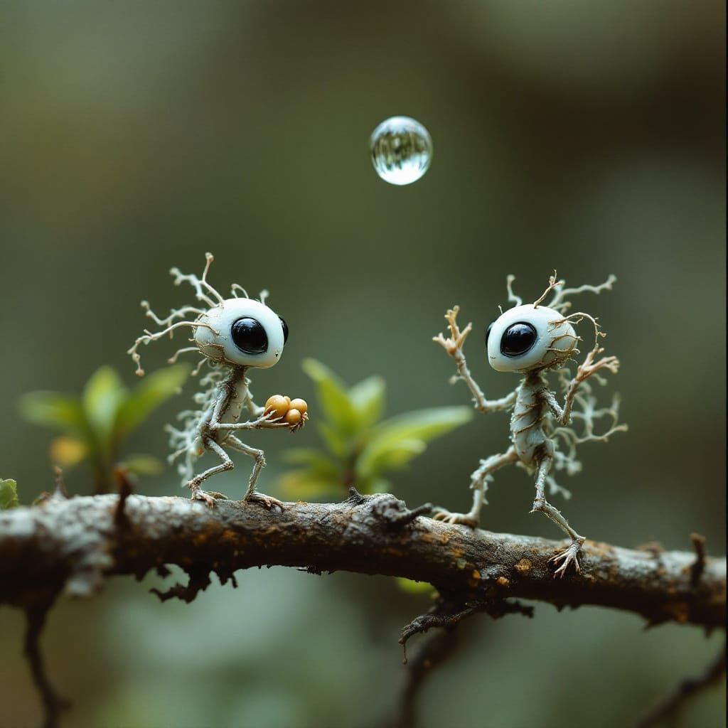 Alien Acorn Folk Wander a Forest Branch