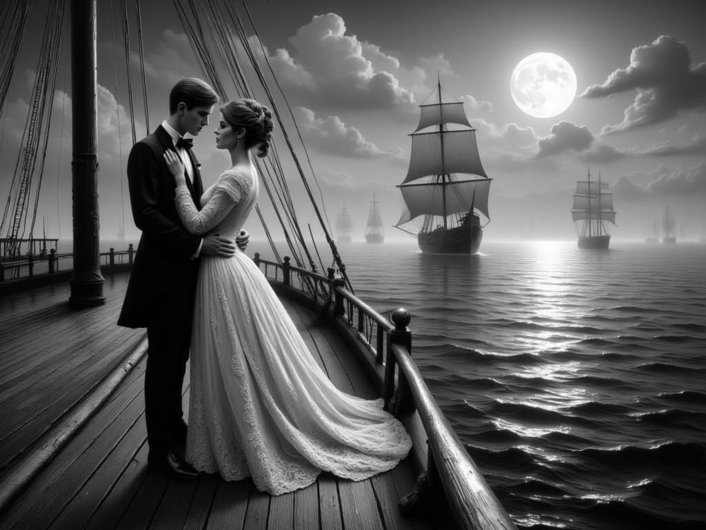 Victorian Couple Under Moonlight in Monochrome Style