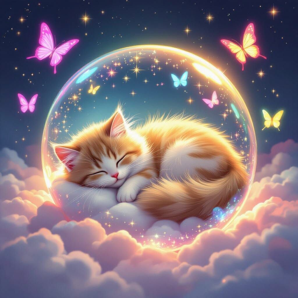 Fluffy Cat Napping in Glowing Cosmic Orb