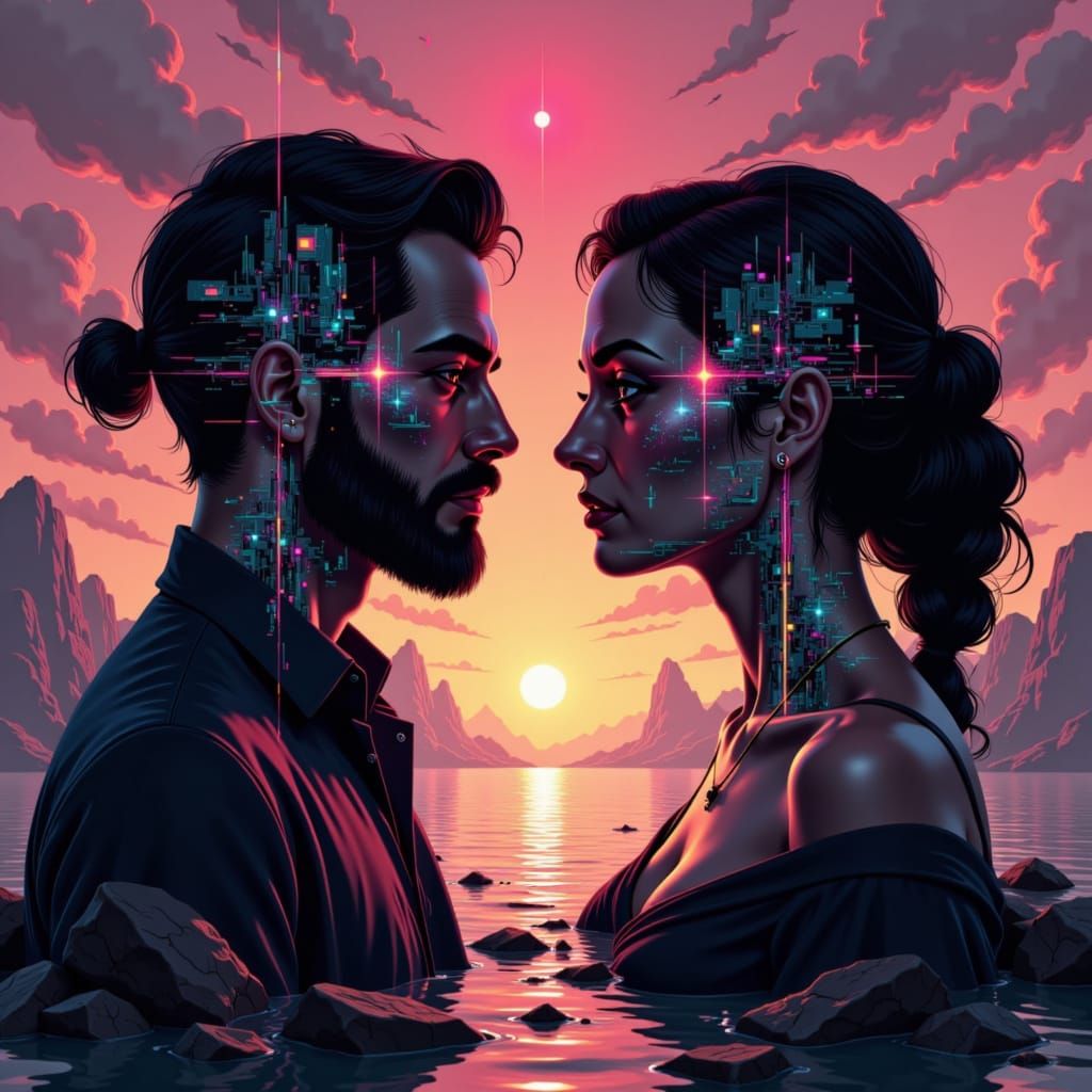 Ethereal Mirrored Landscape of Silhouetted Couple