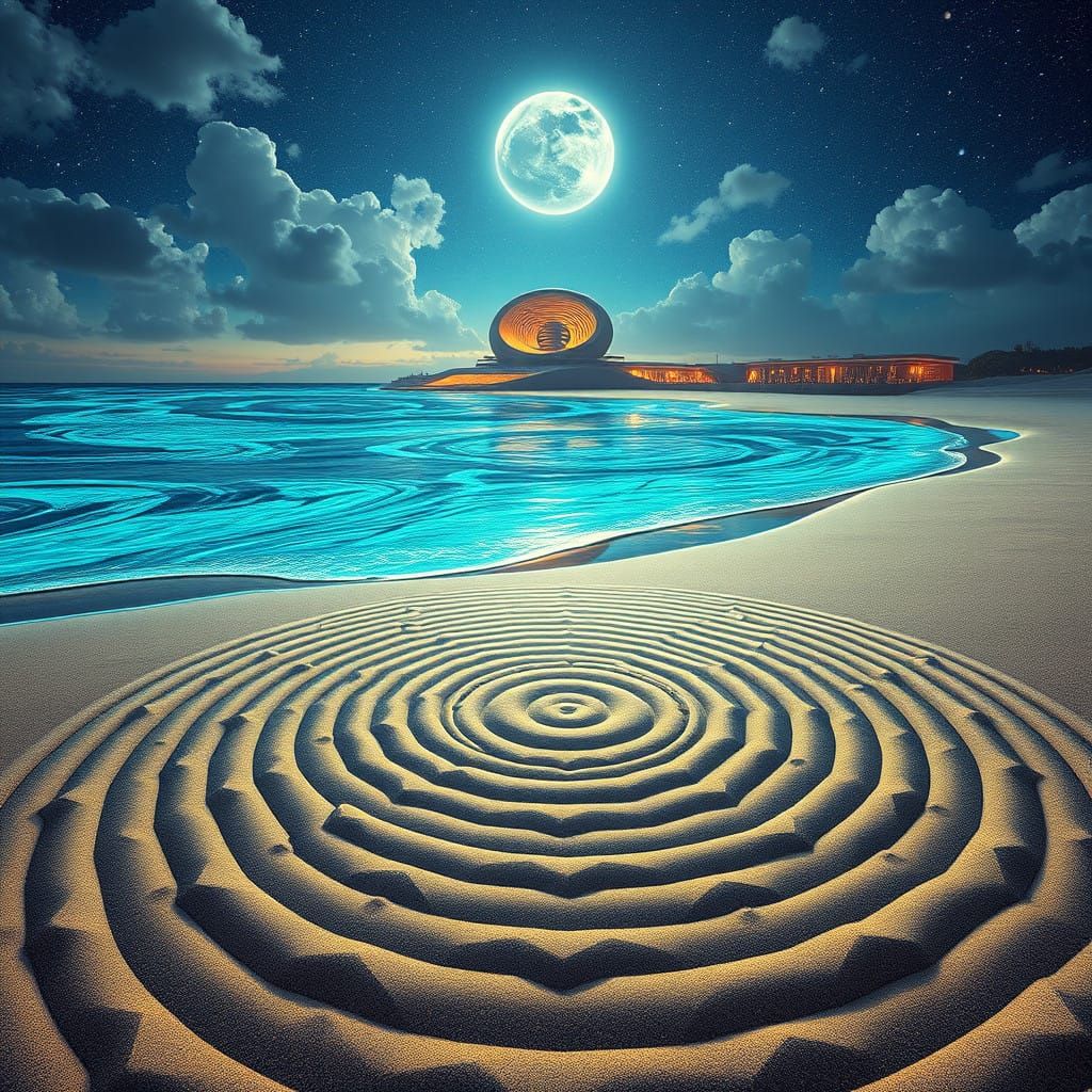 Mesmerizing Celestial Beach Scene with Geometric Illusions