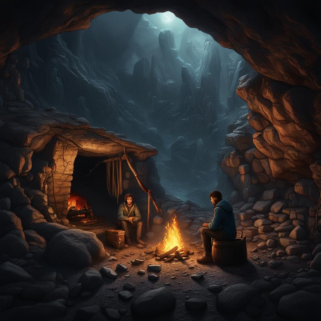 Man Shelters in Dark Cave, Lit Only by Flickering Campfire
