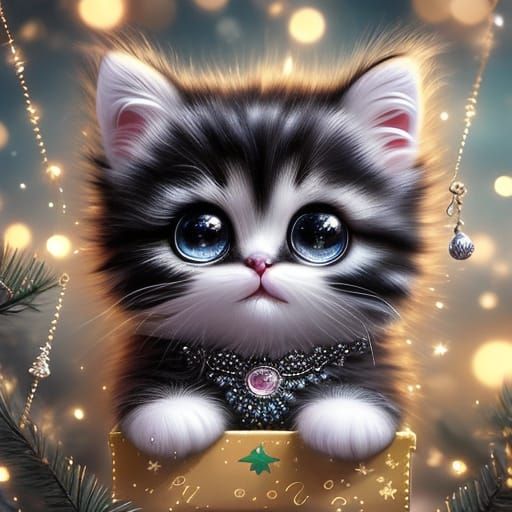 Tuxedo Kitten Sleeps in Holiday Box, Oil Painting