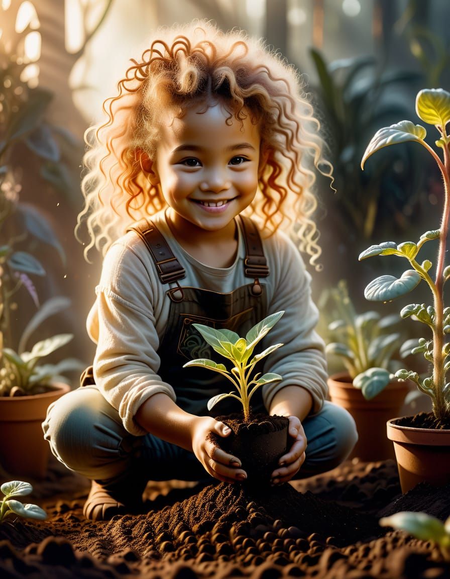 Toddler Planting Seedling in Dreamy Fantasy Art