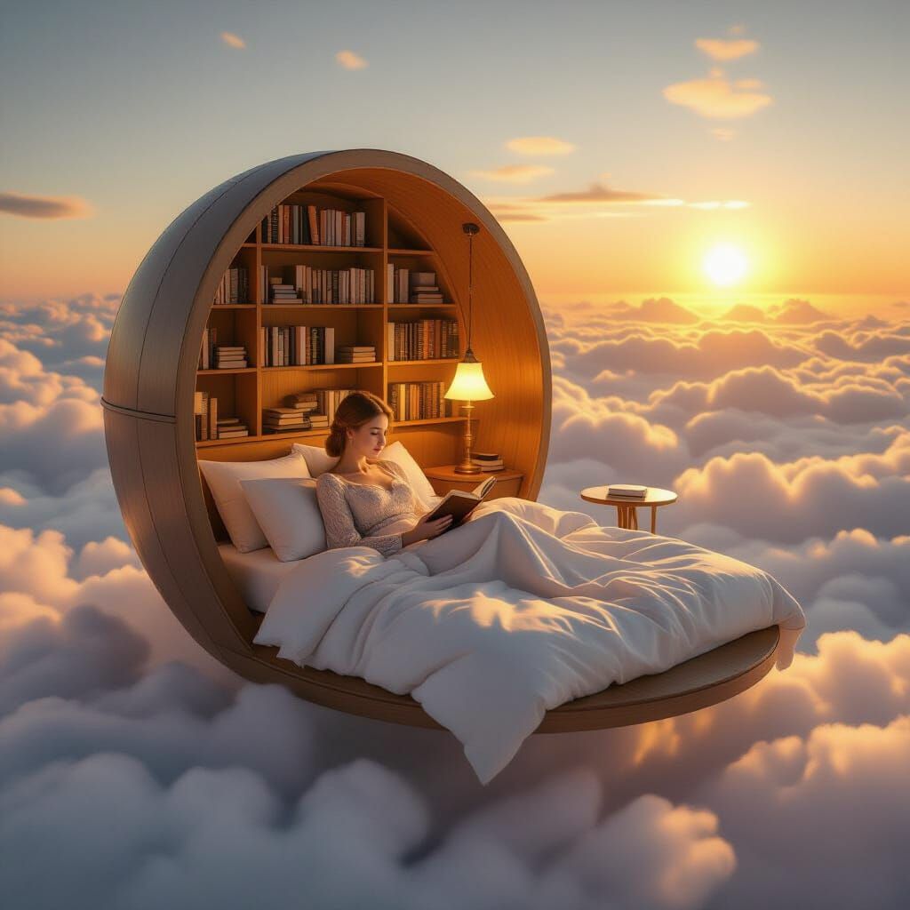 Surreal Bedroom Above Golden Clouds at Sunrise