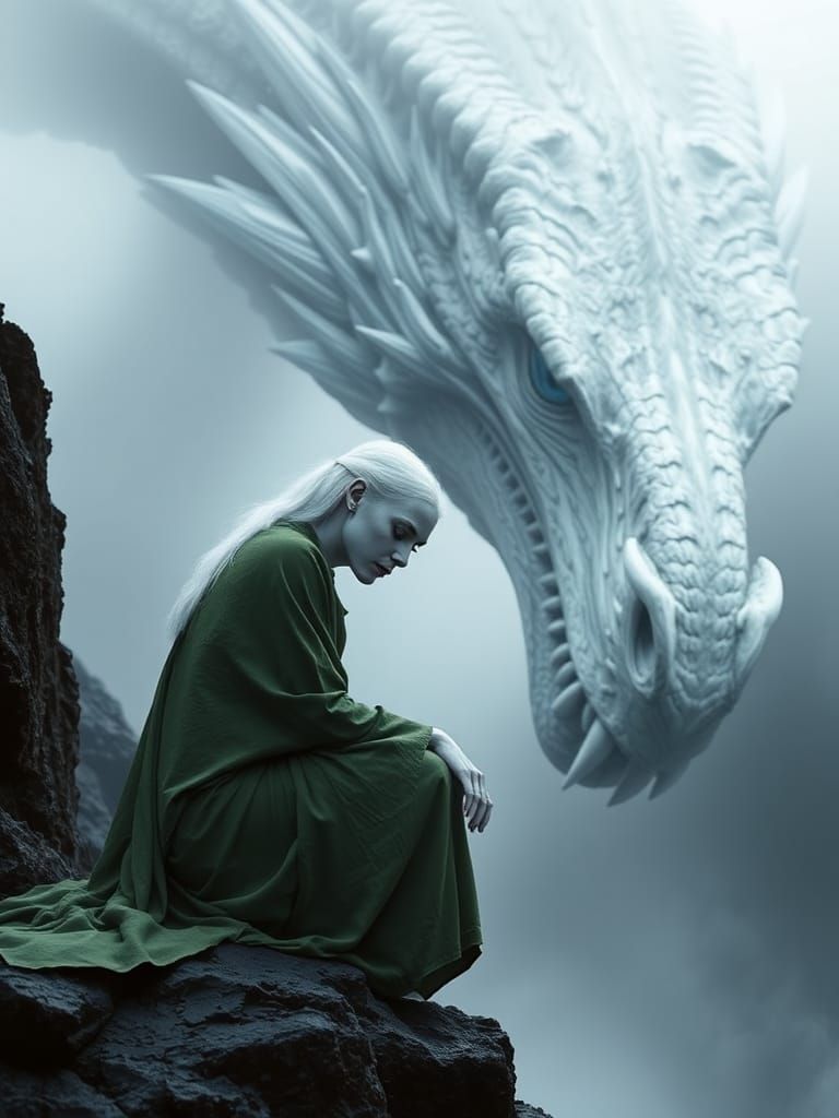 Albino Woman in Ancient, Foggy Realm