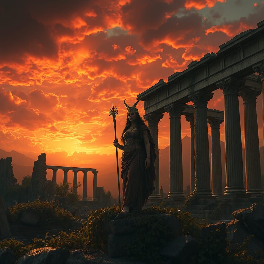 Goddess of the Harvest in Ancient Greek Ruins at Sunset