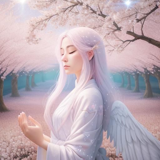 Ethereal Girl in Serene Cherry Blossom Field with Glowing Wh...