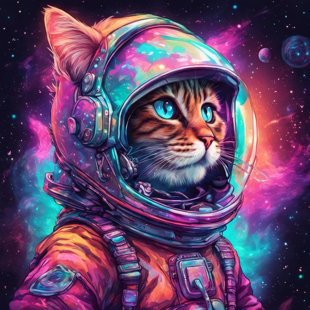 Chibi Cosmic Cat in Neon Astronaut Helmet