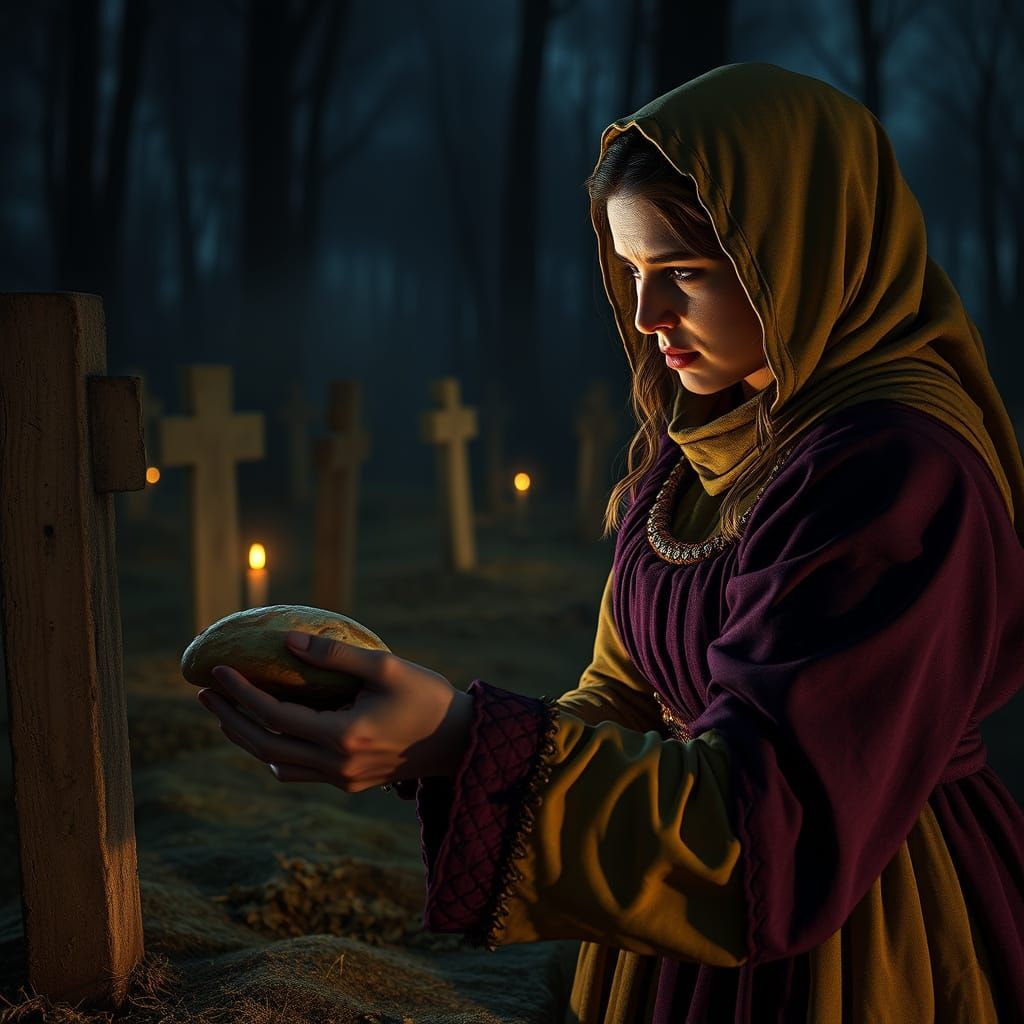 Medieval Servant Woman Offers Bread to Noble Family Ancestor...