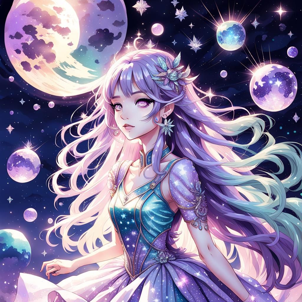 Celestial Anime Goddess in Pastel Purple Hues
