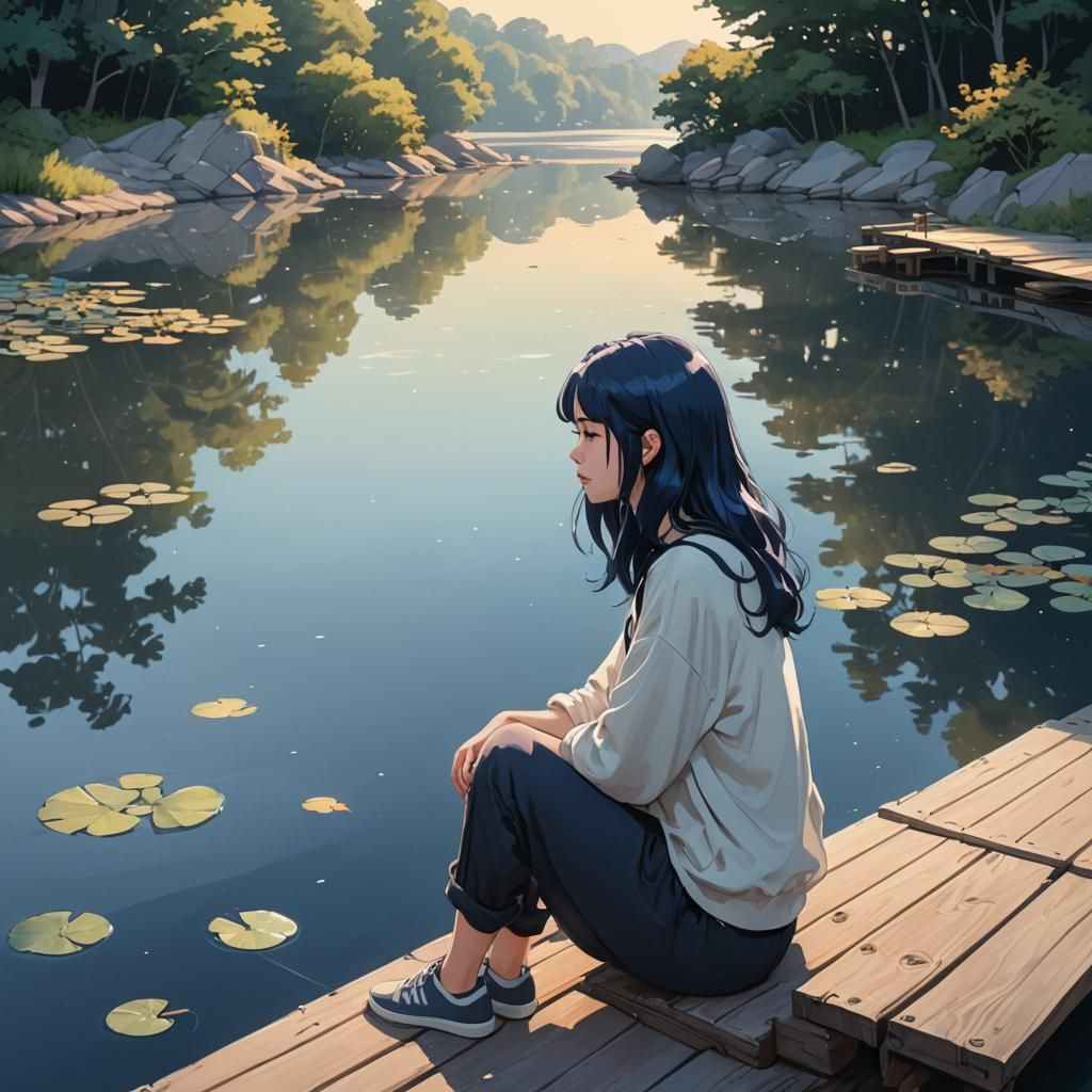 Young Girl on a Serene Dock in a Peaceful Atmosphere