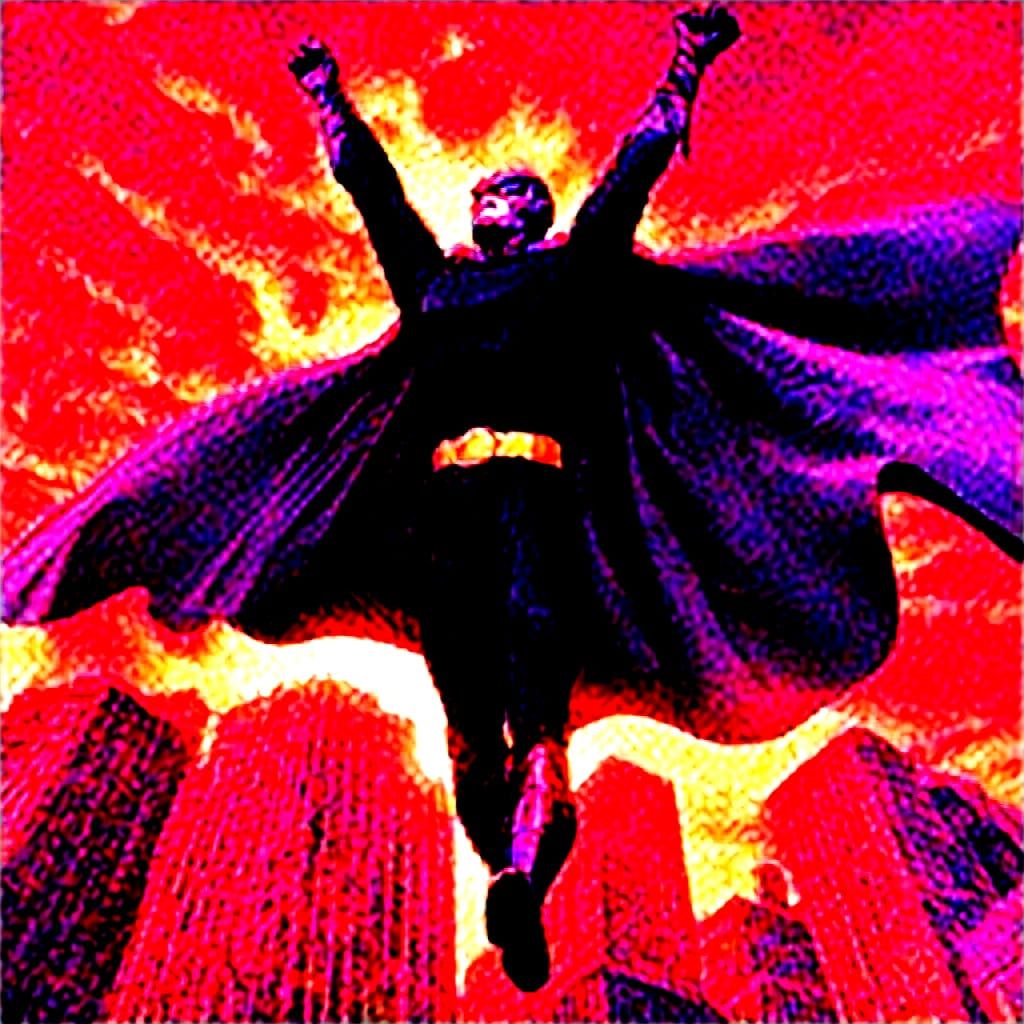 Purple Superhero Soars in City Sunset