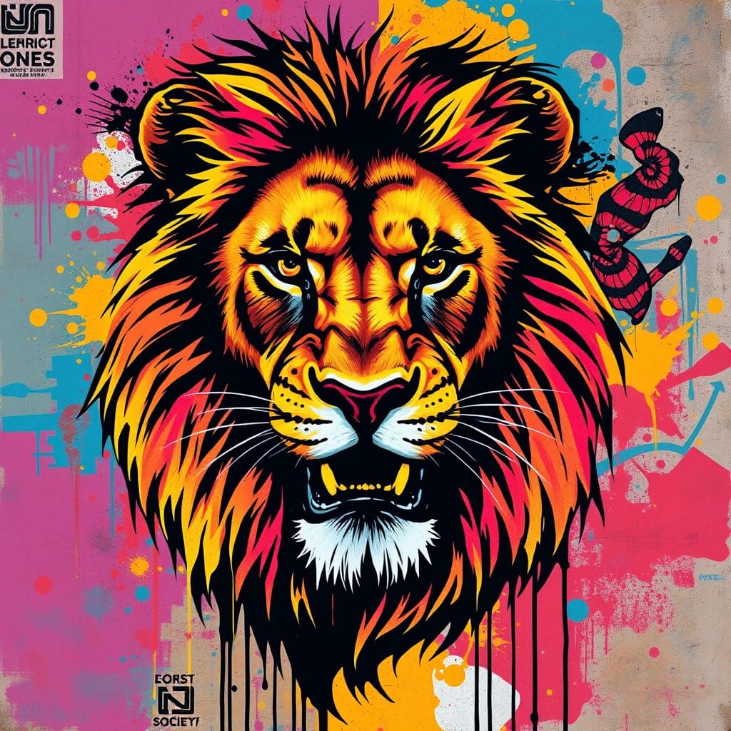 Vibrant Lion in High-Contrast Graffiti Art