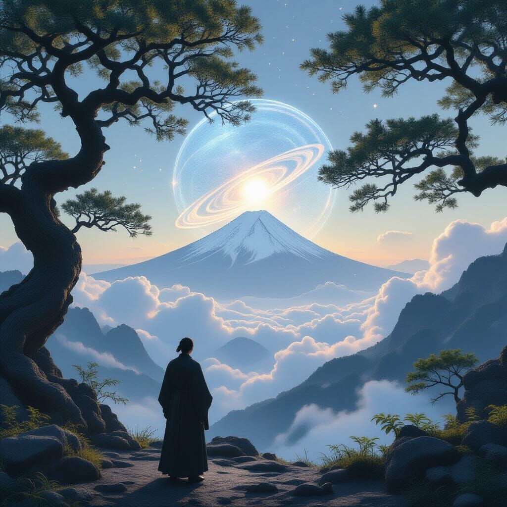 Japanese Man Gazes at Cosmic Orrery on Misty Peak