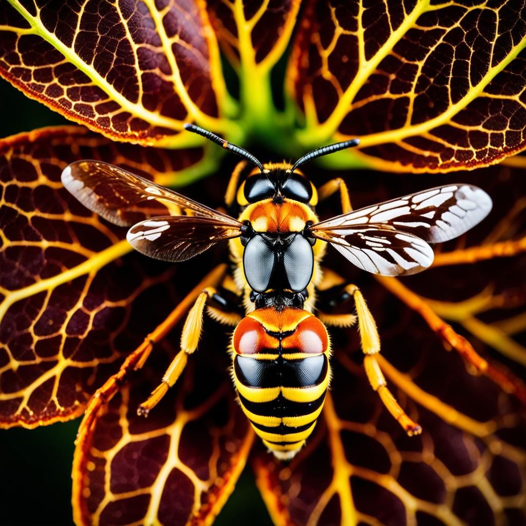 Vibrant Close-Up of a Hornet on a Green Leaf