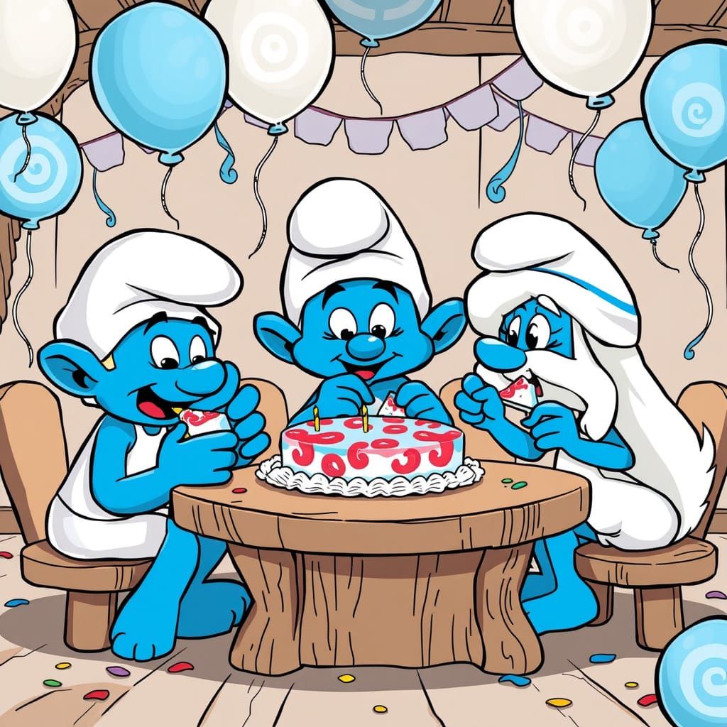 Smurfs eating birthday cake. 