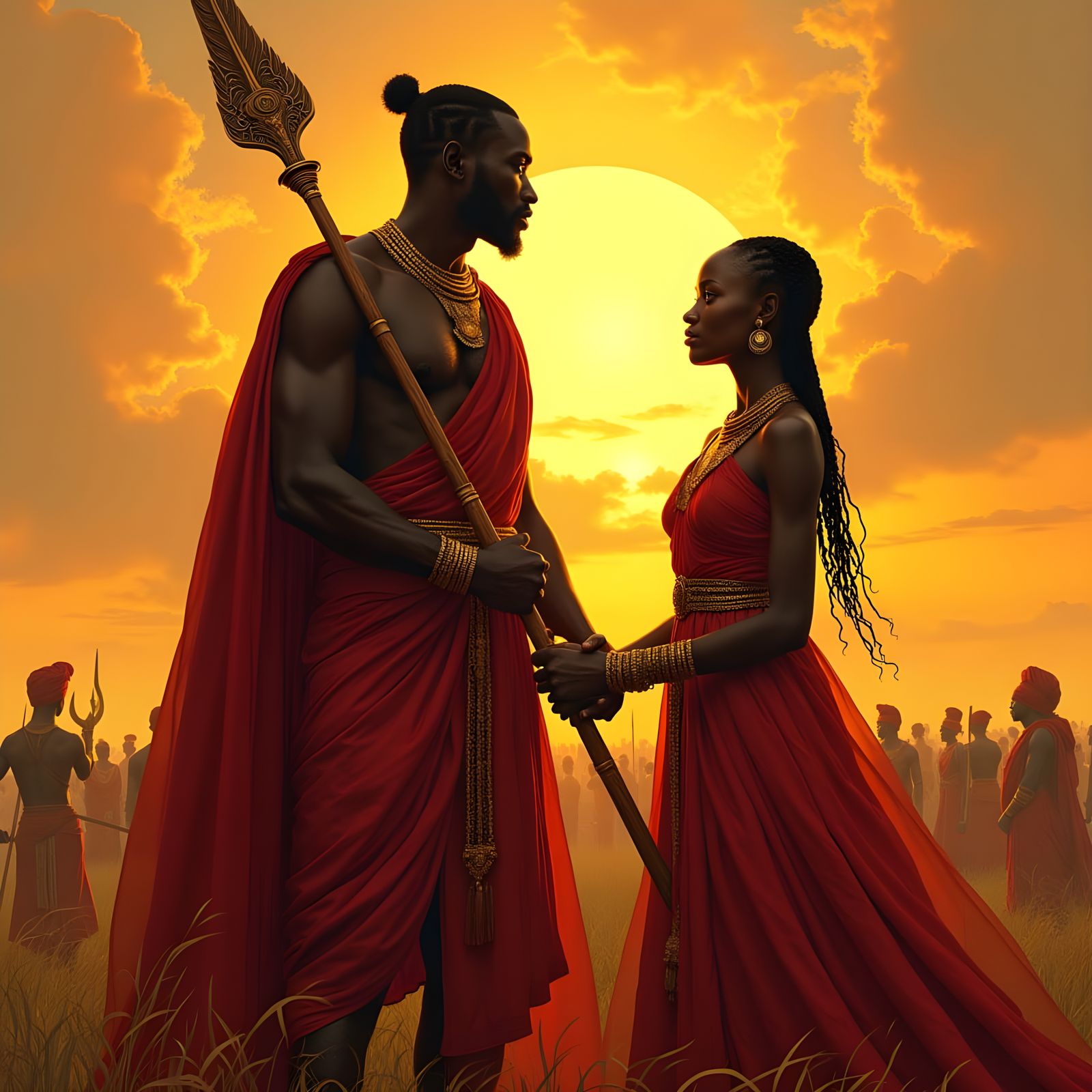 Ogum and Oya Triumph Over the Battlefield in Golden Dusk