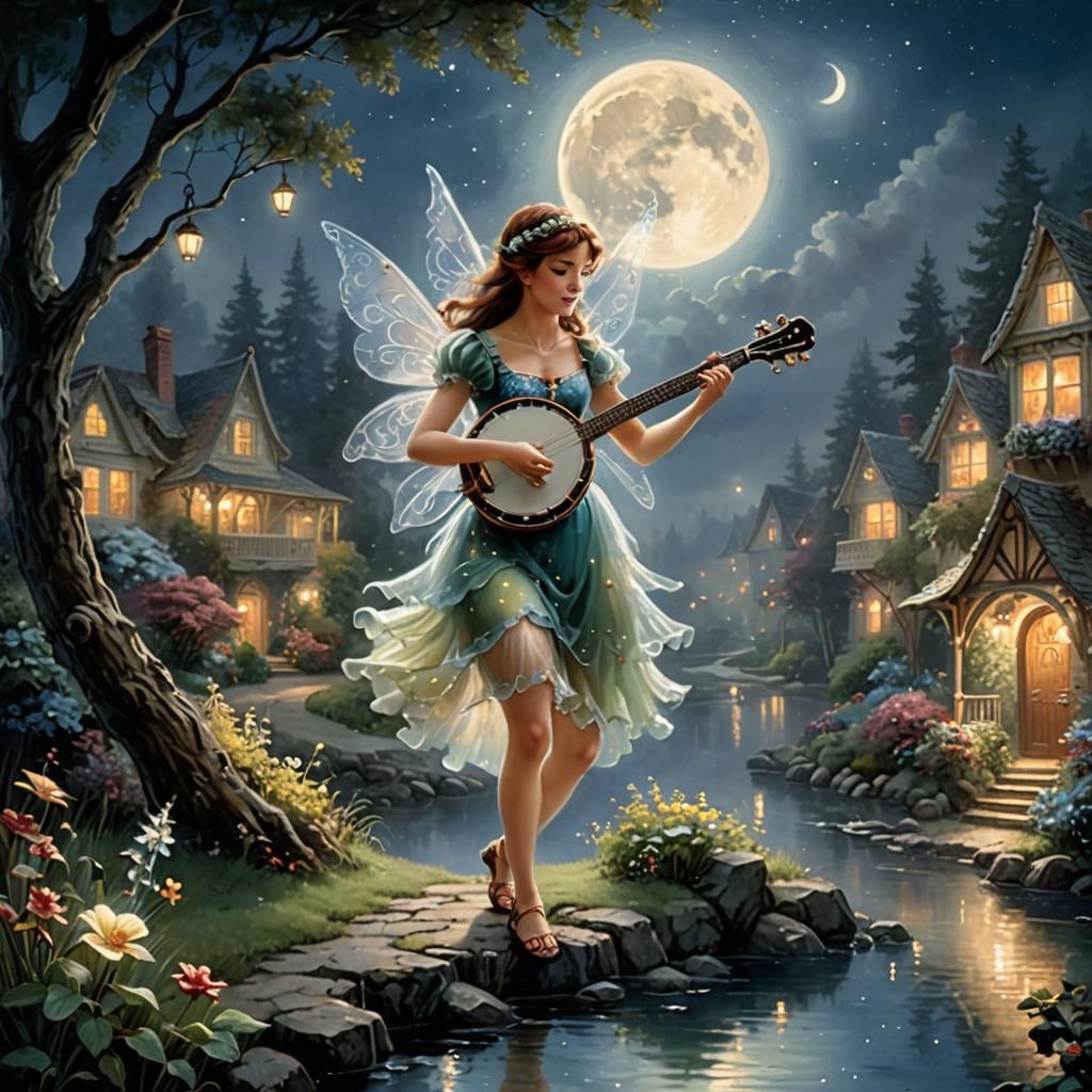 Fairy Banjo Player in Dreamy Moonlight Scene