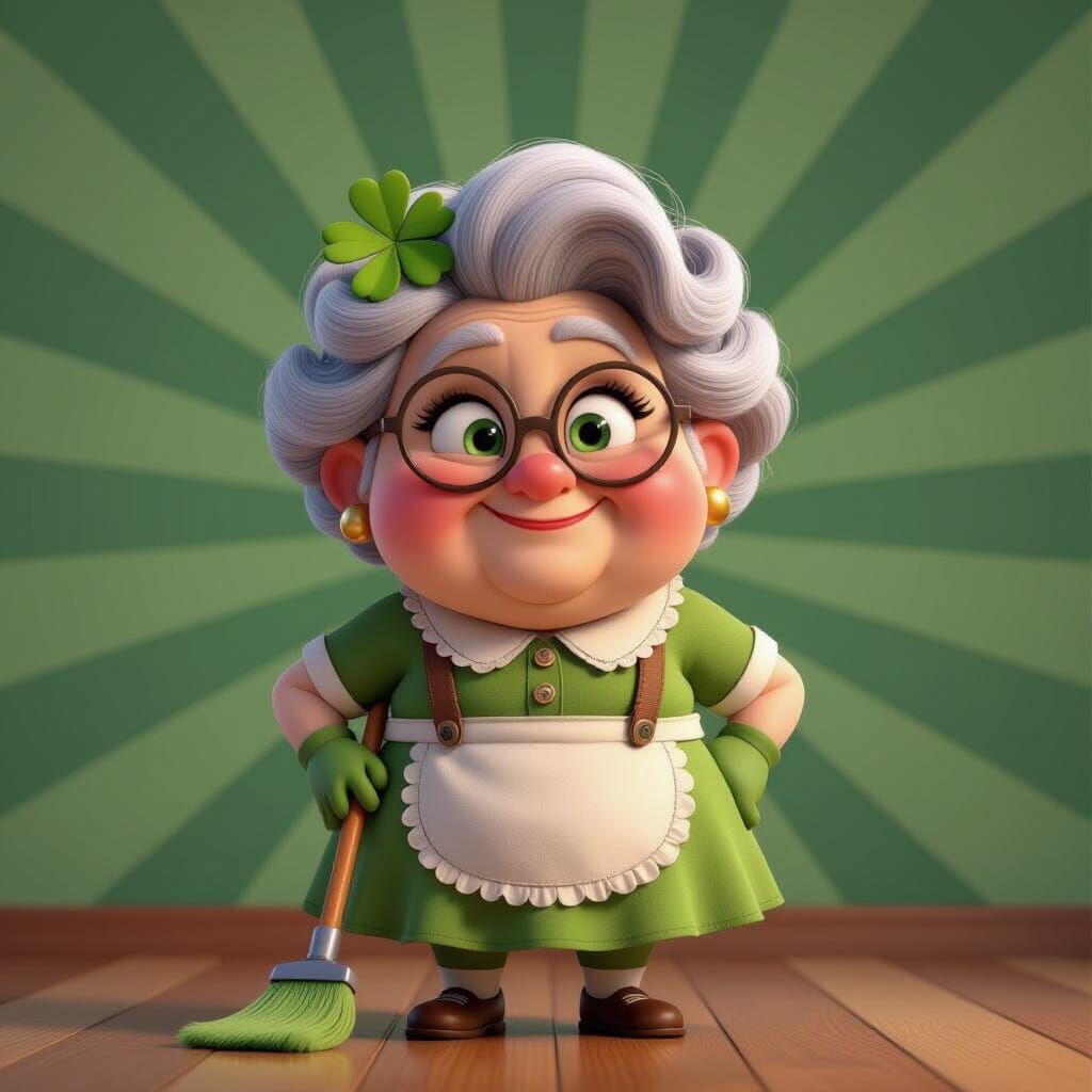Chubby Grandma as Cleaning Lady in Pixar Style