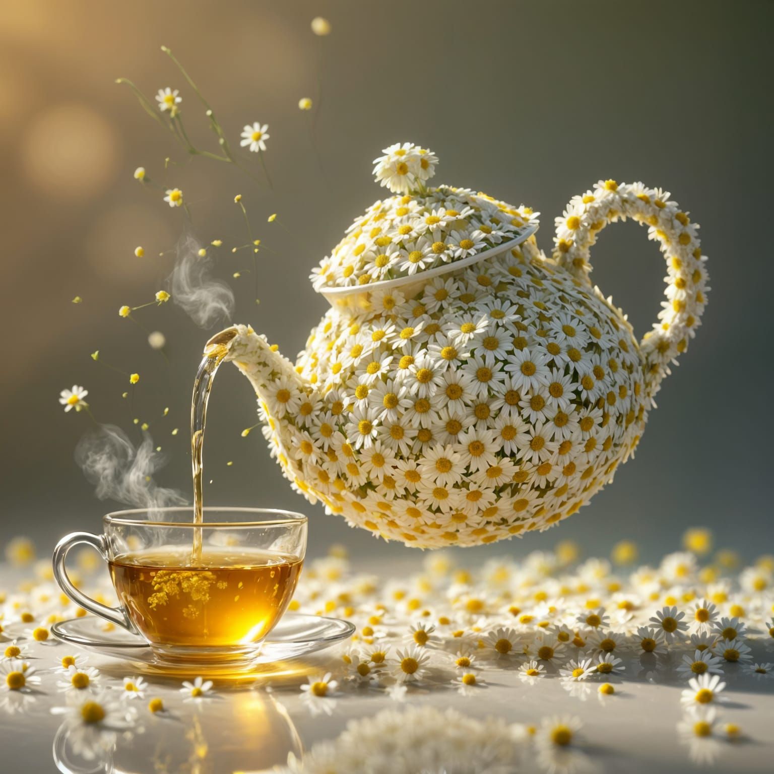 Floating Chamomile Teapot Pours Golden Tea