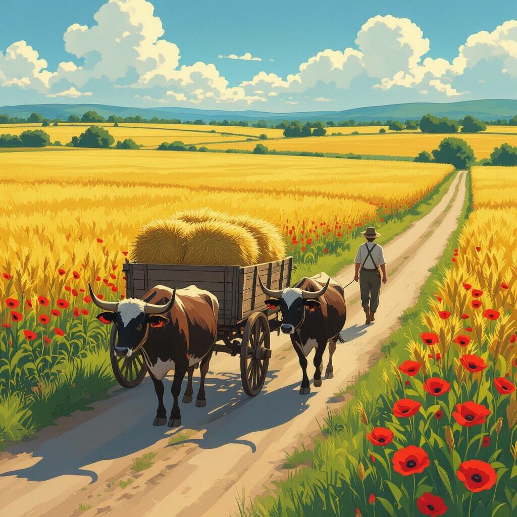 Bucolic Hay Cart Scene with Oxen and Farmer in Anime Style