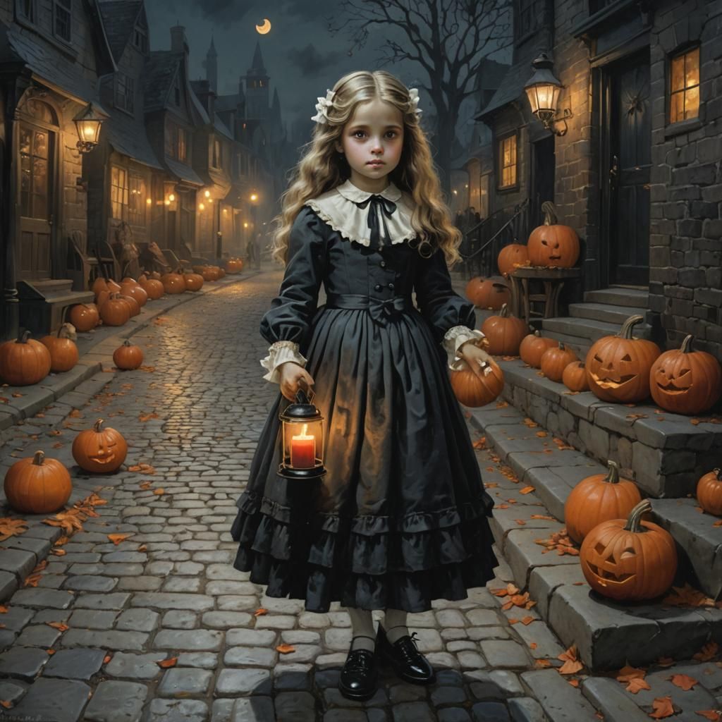 Ethereal Victorian Ghost Girl Illuminates a Haunted Cobblest...